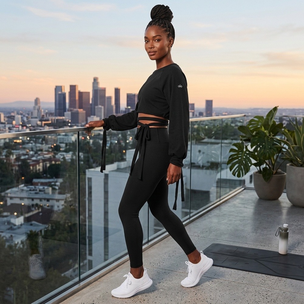 Alo Yoga Women Black Tie Cuff Cropped Sweatshirt Raglan Sleeve Size S